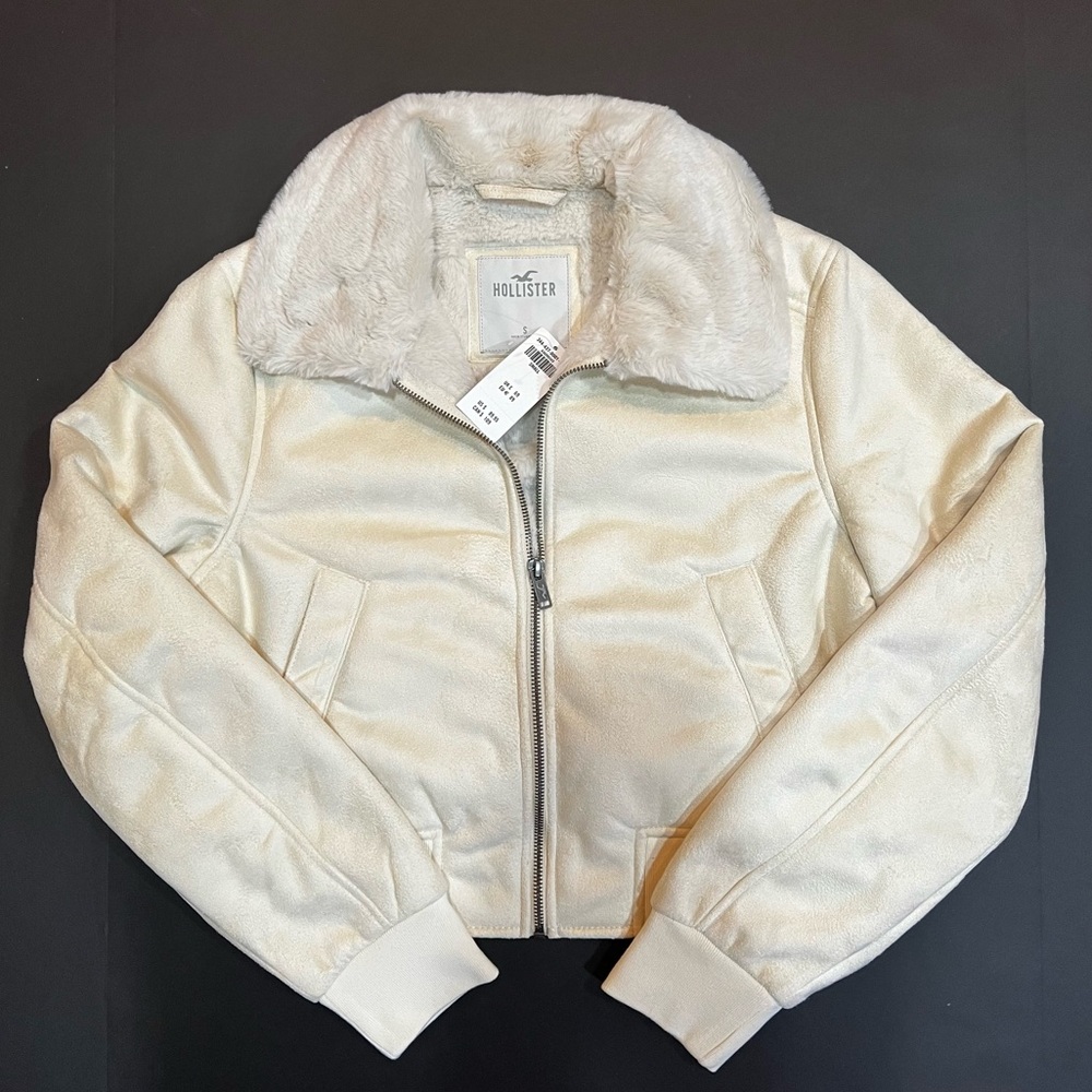 Faux-fur Lined Faux Suede Crop Bomber Jacket